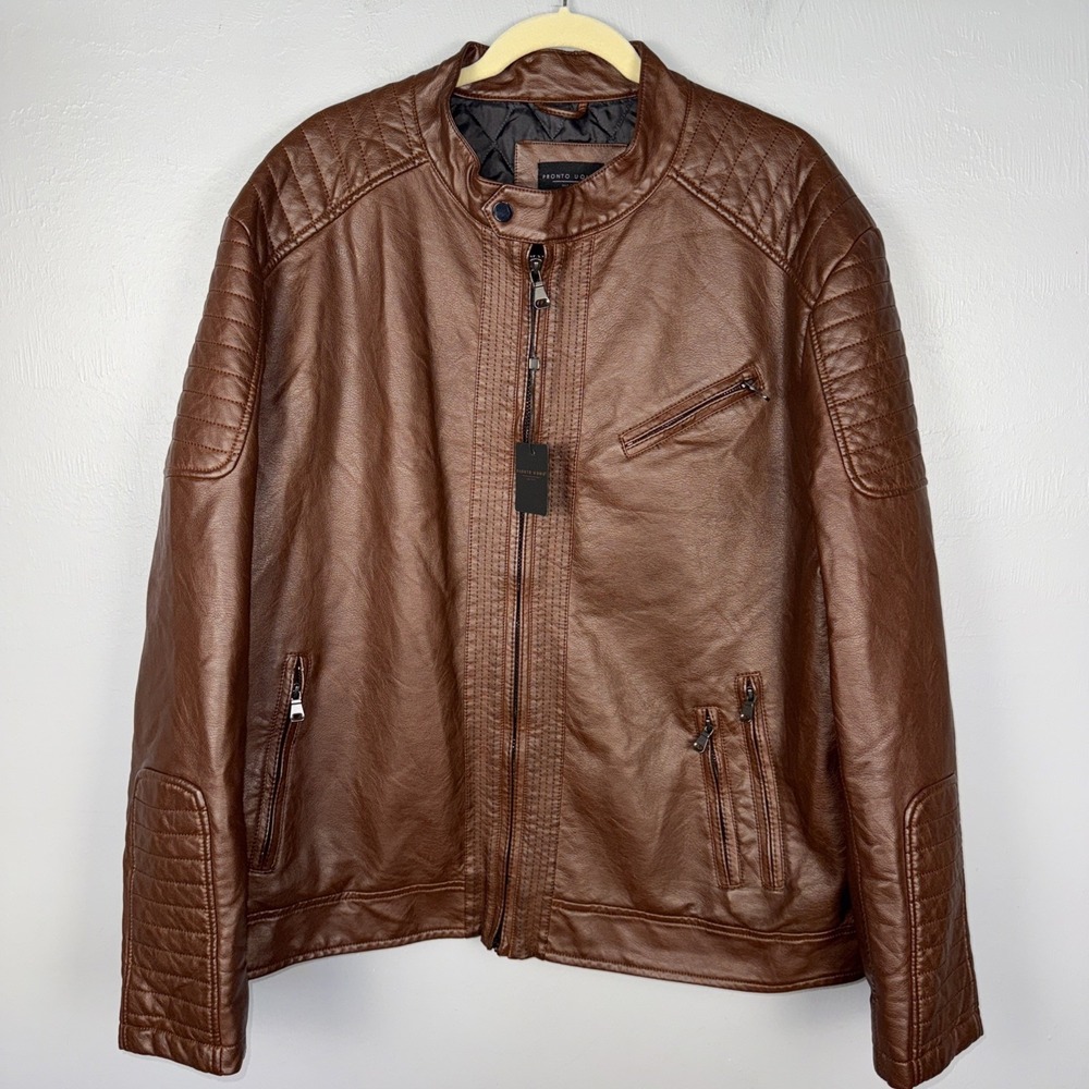 PRONTO UOMO Faux Leather Jacket Men's XXL Full Zip Cognac Brown Vegan *READ